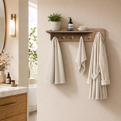 Coat Rack Wall Mount with Shelf, Solid Wood, 5 Brass Hooks, Brown