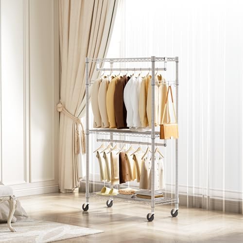M MZG Heavy Duty Rolling Garment Rack 3 Tiers Adjustable Wire Shelving Clothe...