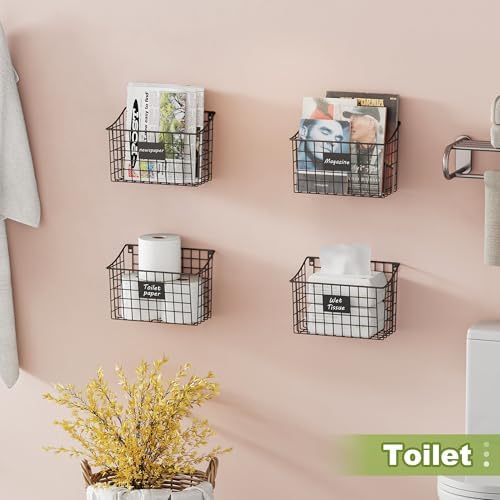 Wall Basket with Label Plate & 5 S-Hooks –4 Pack Hanging Wire Basket for ...