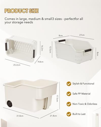 3 Pack PP Organizer with Wheeled Storage box for Kitchen Cabinet Bin