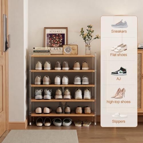 5-Tier Shoe Rack, Wood Acrylic Shoe Shelf, Natural, 29" W