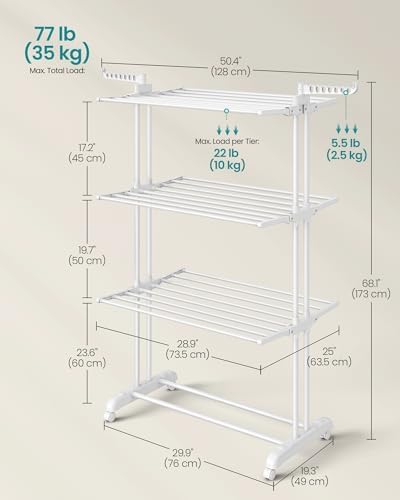 SONGMICS 4-Tier Clothes Drying Rack, Foldable, Rolling, 66.6-Inch Tall