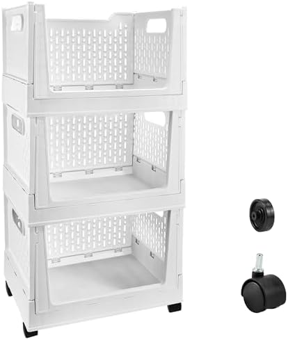 Stackable Plastic Storage Basket, 3 Pack Foldable Closet Organizers and Stora...