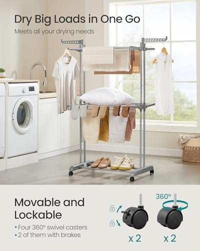 SONGMICS 3-Tier Clothes Drying Rack, Foldable, Rolling, 58.3-Inch Tall