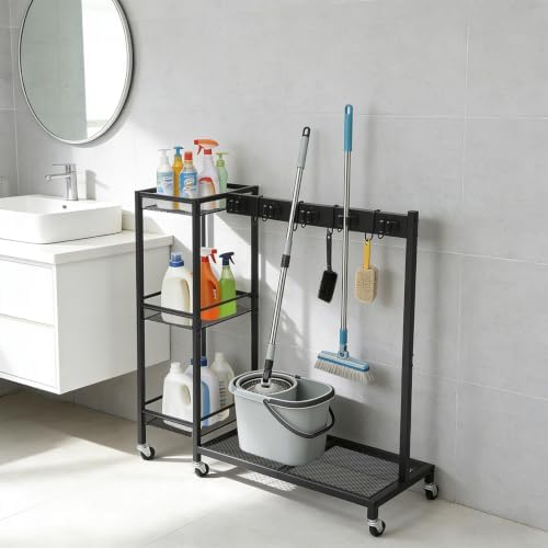 Broom Holder with Cleaning Supplies Organizer, Freestanding, Black
