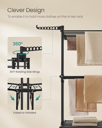 SONGMICS 4-Tier Clothes Drying Rack, Foldable, Rolling, 66.6-Inch Tall