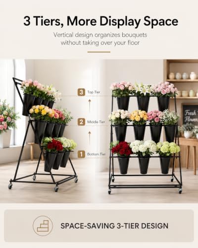 Flower Display Stand with 9 Buckets, 3-Tier Metal Flower Cart with Wheels, He...