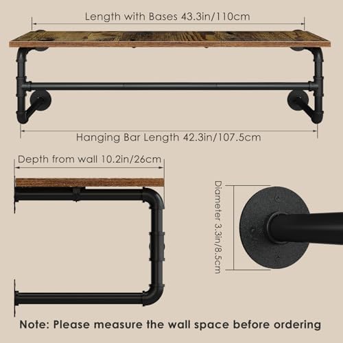 Clothes Rack Wall Mounted, 43.3in Shelf with Hanging Rod, Industrial Pipe Clo...