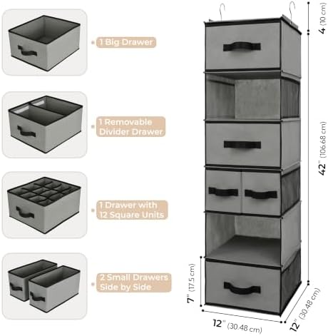 GRANNY SAYS Hanging Closet Organizer, 5 Drawers, 6 Shelves, 6 Pockets, Gray