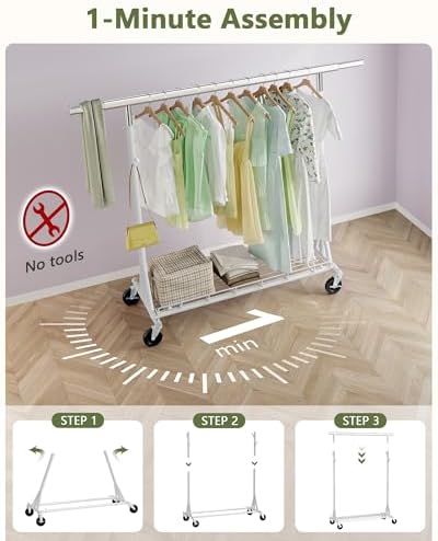 Hoctieon 1-Minute Assembly Clothes Rack, 480 lbs Heavy Duty Rolling Clothing ...