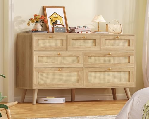 TEENFON Dresser for Bedroom, 47.2''Wide 7 Drawer Rattan Dresser, Wood...