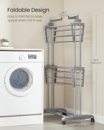 SONGMICS 3-Tier Clothes Drying Rack, Foldable, Rolling, 58.3-Inch Tall