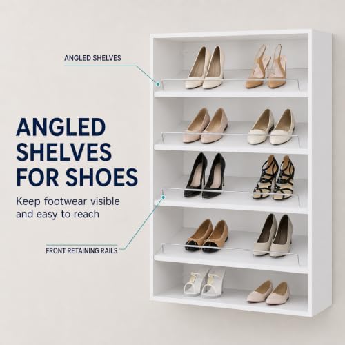 Wall-Mounted Wood Closet Shoe Organizer with Shelves, 25.5", White