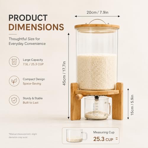7.5L Rice Dispenser, Flour and Cereal Container, Glass Food Storge Container ...
