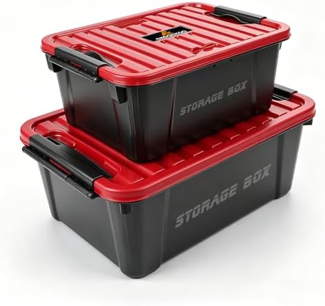 2 Pack Heavy Duty Storage Box with Lid, Stackable Plastic Storage Bins (21 QT + 10.6 QT), Garage Tool Organizer, Durable Storage Containers for Home, Office, Workshop, Moving and Camping