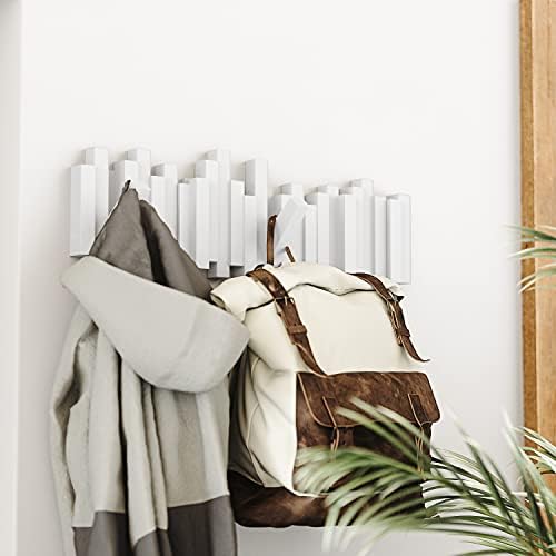 Umbra Sticks Wall Mount Coat Rack, 5 Hook Retractable Pegs, White