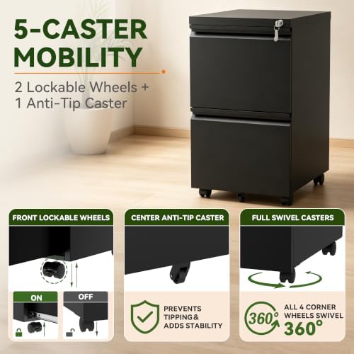 SAWJEC 2 Drawer Rolling File Cabinet Fully Assembled, Black