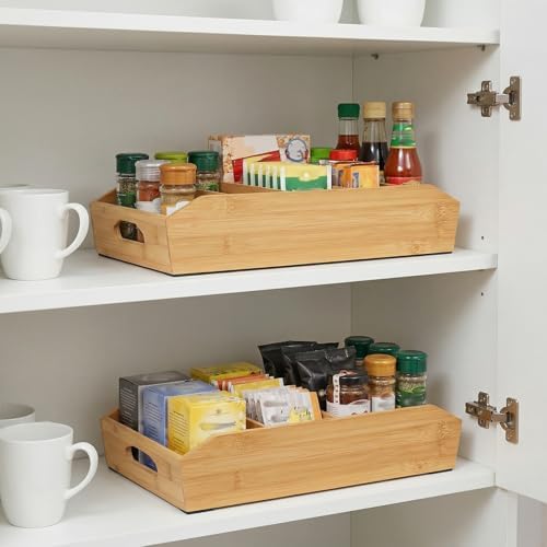 Pumtus 2 Pack Bamboo Pantry Organizers, Storage Bin with Removable Dividers, ...