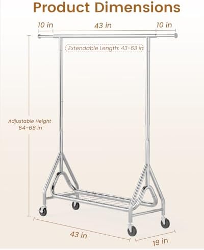 Heavy Duty Clothes Rack for Hanging Clothes with Wheels, Silver