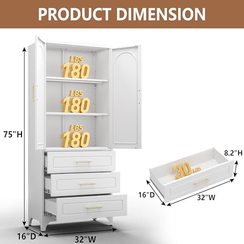 Polup 75" Tall White Metal Pantry Storage Cabinet with 3 Drawers