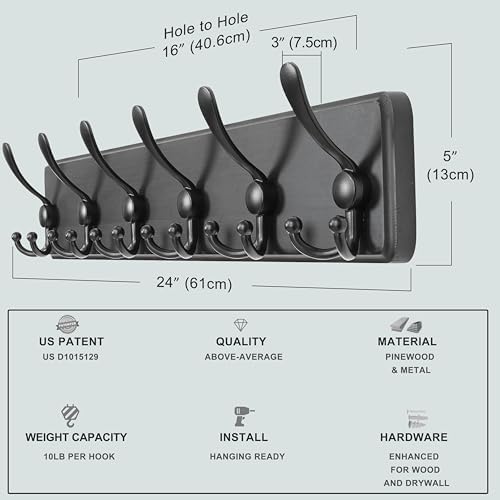 Dseap Coat Rack Wall Mounted - 24" Long 6 Tri Hooks, Heavy Duty Wooden W...