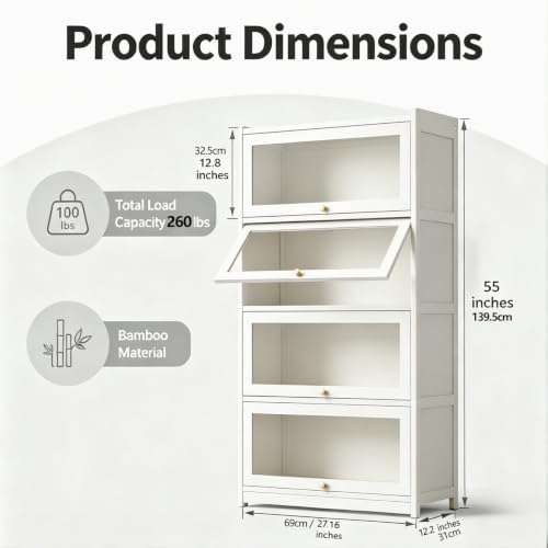 Display Cabinet with Doors, 4-Tier Bamboo Curio Cabinet for Small Space, Figu...