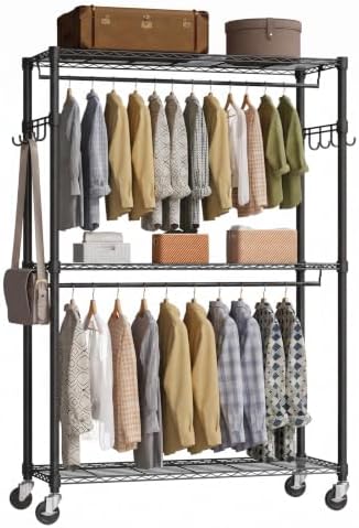 Garvee Rolling Garment Clothes Rack with Wheels, 3-Tier Shelves & Hooks