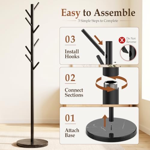 HzTinT Coat Rack with Marble Base, 3 Adjustable Size Metal Coat Tree