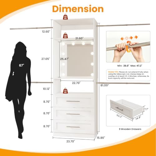 Closet System with Drawers, 2FT–9FT Closet Organizer System with 4 Adjustable...
