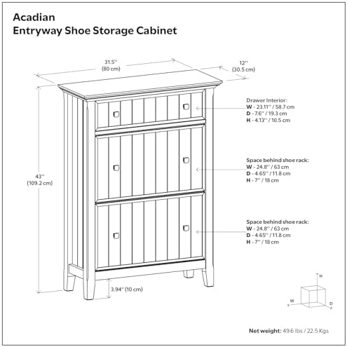 SIMPLIHOME Acadian 32" Wide Solid Wood Shoe Cabinet in Brunette Brown