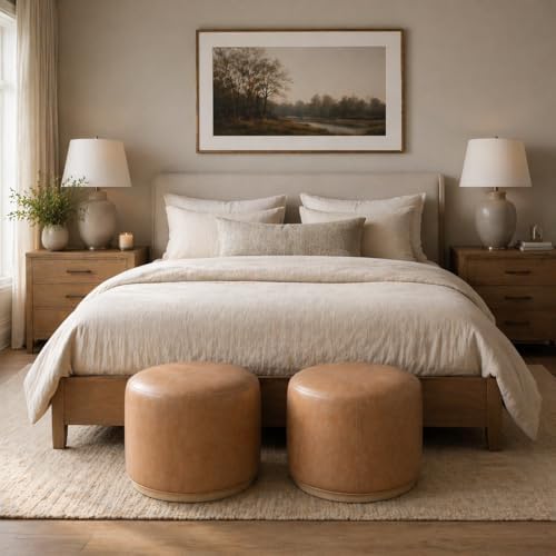 Spatial Order 22" Round Ottoman with Wooden Base - Sand Faux Leather