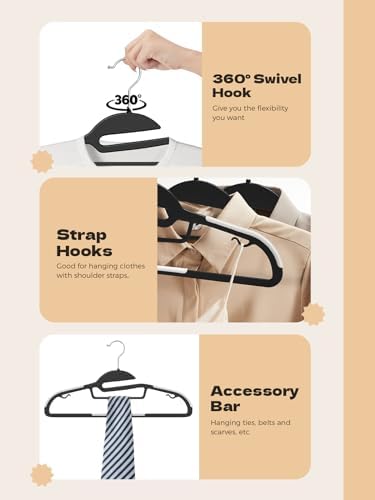 HOUSE DAY Slim Plastic Hangers with Non Slip Rubber Pads, 50 Pack, Black