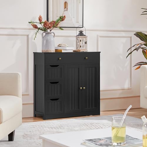 Topeakmart Freestanding Bathroom Storage Cabinet, 4 Drawers & 2 Doors Black