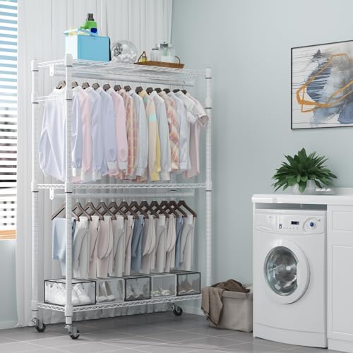 Homdox 3 Tier Heavy Duty Garment Rack with Wheels, Adjustable Wire Clothes Ra...