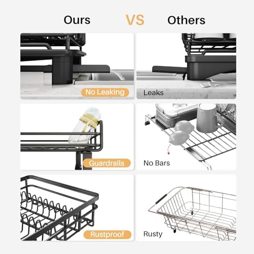 Expandable Dish Drying Rack for Kitchen Counter, Stainless Steel, Black