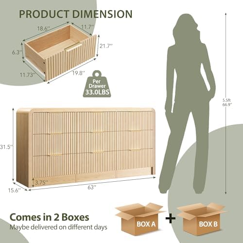 Decofy Fluted 9 Drawers Dresser, 63'' Wide Chest of Drawers for Bedroom