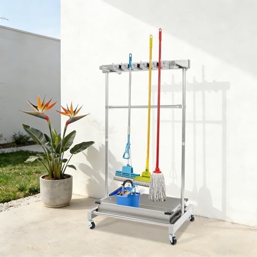 Rolling Mop Holder with Tray, 5 Mops & 12 Hooks, Grab Bar & Crossbar,...
