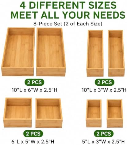 LEIMO KPARTS 8 Pcs Bamboo drawer Organizer Storage Box, Bin Set - Multi-Use b...