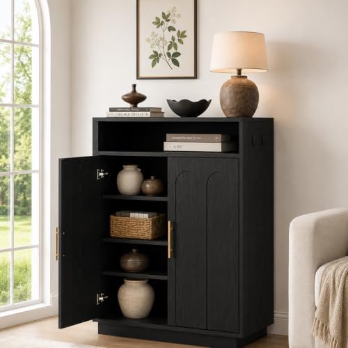 Set of 2 Shoe Cabinet with Arched Doors, 43" Hidden Storage, Black