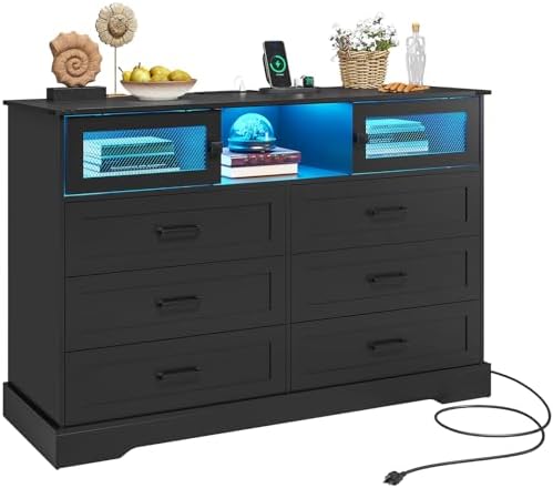 Hasuit 6 Drawer Dresser with LED Lights and Charging Station, Farmhouse Chest...