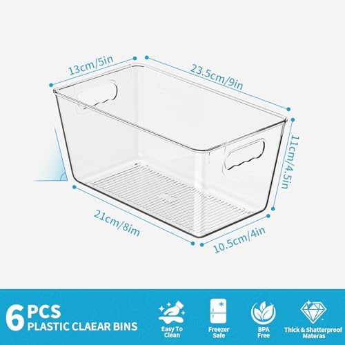 Clear Fridge Organizer Bins with Handles, 6 Pack 9.5×5×4.5 Inch