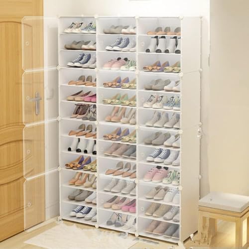 Shoe Rack Organizer 12 Tiers 72 Pairs Storage Cabinets Stand,Transparent Plastic Stackable Shoe Storage Cabinet,Dust-Proof Shoe Boxes with Clear Covers for Boots Casual Shoes Sports (White)