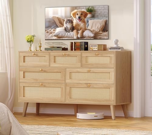 TEENFON Dresser for Bedroom, 47.2''Wide 7 Drawer Rattan Dresser, Wood...
