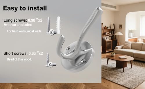 TOFIIGREM Brushed Nickel Wall Hooks, 6 Pack Coat Robe Hook Heavy Duty Metal D...