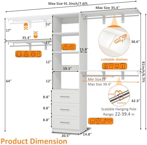 Closet System with Drawers, 5FT-8FT Closet Organizer System with Shelves &amp...