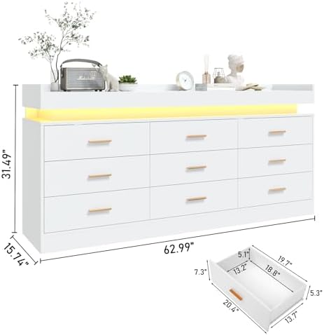 jiteentarou 9 Drawer Dresser with Charging Station and LED Lights, Modern Che...