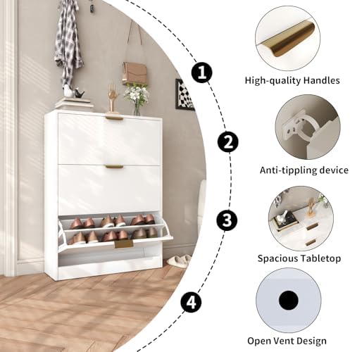 VOWNER Shoe Rack Cabinet with 3 Flip Drawers, Narrow Shoe Storage Cabinet wit...