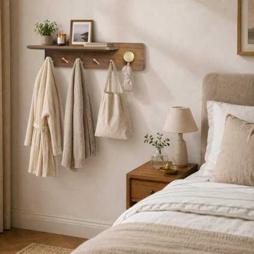 Coat Rack Wall Mount with Shelf, Solid Wood, 5 Brass Hooks, Brown