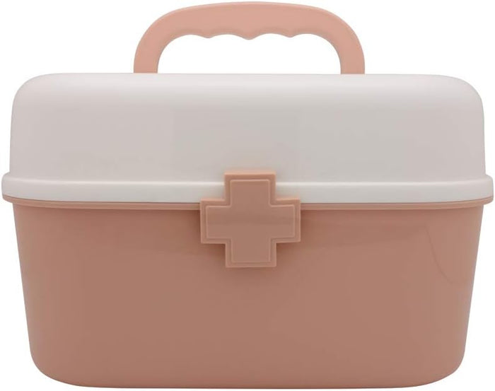 Plastic First Aid Storage Box Container Bin with Removable Tray and Portable Handle, Family Emergency Medicine Kit Case Organizer, White&Pink