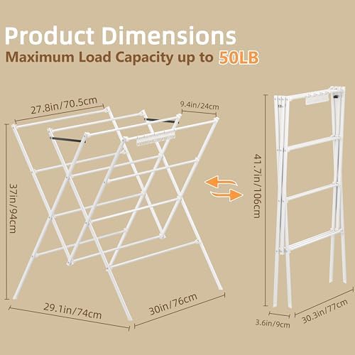 Drying Rack Clothing,12 Drying Poles with Sock Clips Clothes Drying Rack